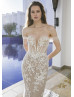 Ivory Floral Lace Tulle Glitter Wedding Dress With Detachable Straps